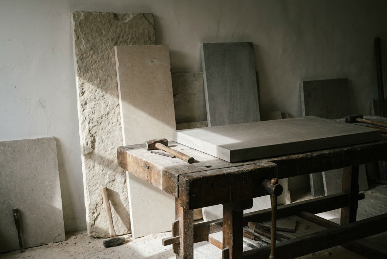 Werkstatt mit Natursteinplatten und Werkbank
